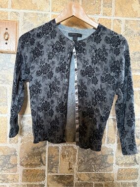 Express Silver Gray Cardigan with Black Floral Lace Size Small